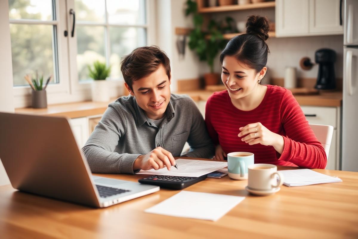 Couple reviewing bills and budget together at their kitchen table