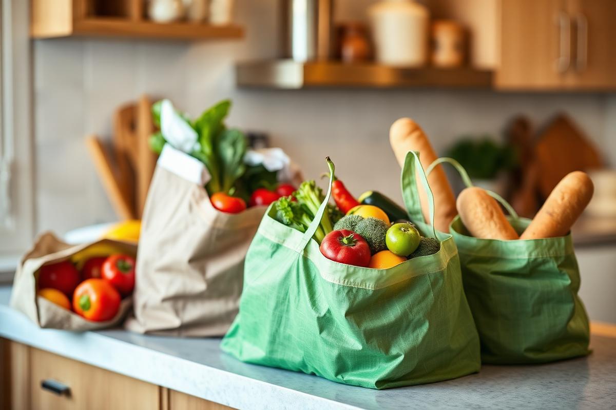 Fresh groceries in reusable bags on a kitchen counter
