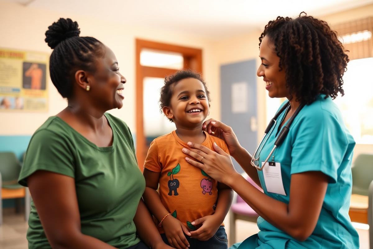 Nurse checking a smiling child at a community clinic