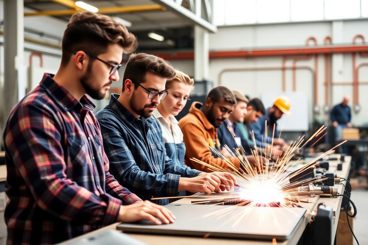 Trainees learning a skilled trade in a workforce classroom