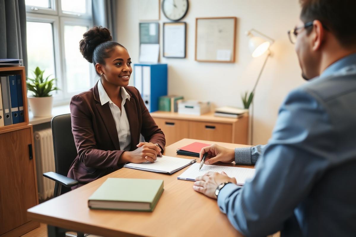Legal aid attorney meeting with a client at a desk
